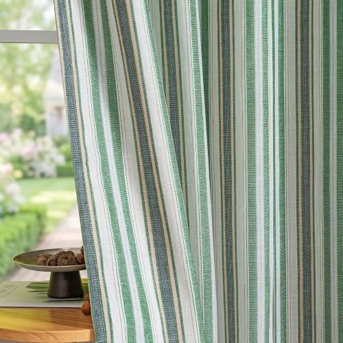 Blackout Linen Curtains 52W x 84L Green Striped 2 Panels - Thermal Insulated