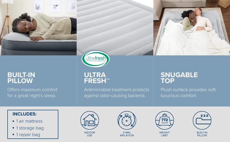 SleepLux Queen Air Mattress | Supersoft Snugable Top, Extra Durable Tough Guard with Built-in Pillow | Raised 22" Airbed with Built in Pump + USB Charger, Grey (69093E)