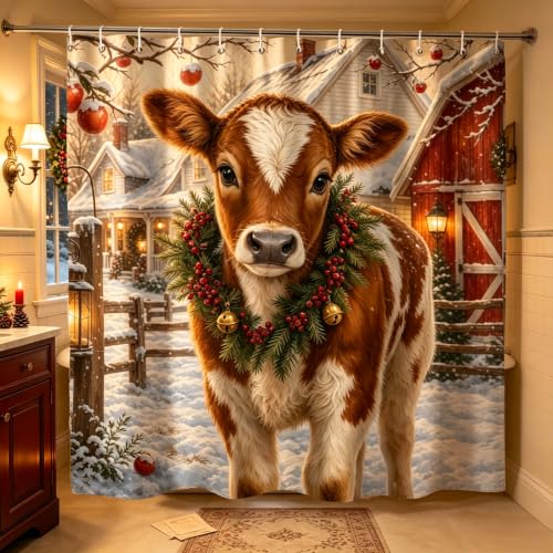 Christmas Farm Cow Snowy Farmhouse Shower Curtain - Rustic Holiday Decor - 72x72 Inches - Variation of THIS Listing