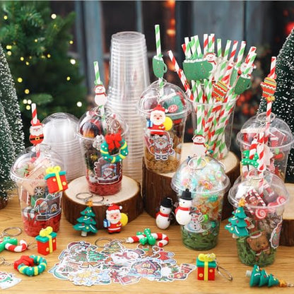 Christmas Party Favors Bulk Set with Cups, Straws, Stickers, Pendants & Rafia - Holiday Classroom Gifts