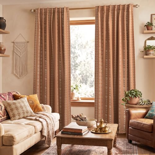 Terracotta Boho Blackout Curtains Set - 50W x 84L, 2 Panels, Vintage Floral Farmhouse Style, Linen Cotton Blend, Autumn Rust Orange Pattern, Autumn Drapes