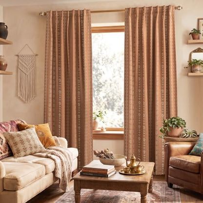 Terracotta Boho Blackout Curtains Set - 50W x 84L, 2 Panels, Vintage Floral Farmhouse Style, Linen Cotton Blend, Autumn Rust Orange Pattern, Autumn Drapes