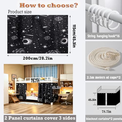Blackout Bunk Bed Curtains 2 Panels Privacy Canopy for Dorms & Home - Galaxy Pattern