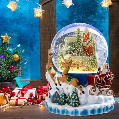 Christmas Snow Globe - Musical Village Lantern with Elk, Santa Sleigh - Santa Sleigh Variation