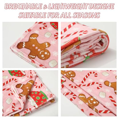 Pink Christmas Fuzzy Blanket Gingerbread Man & Candy Cane Throw 50x60 Inches