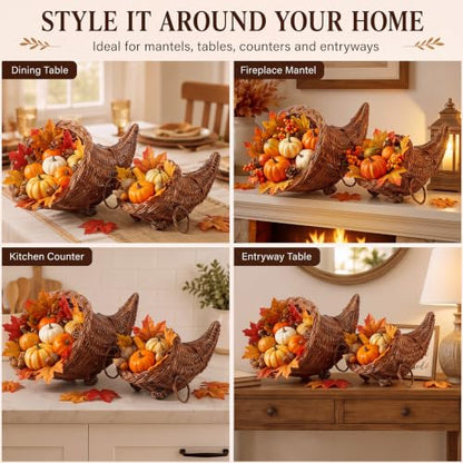 2 Pack Woven Rattan Cornucopia Basket with LED String Lights - Farmhouse Thanksgiving Decor