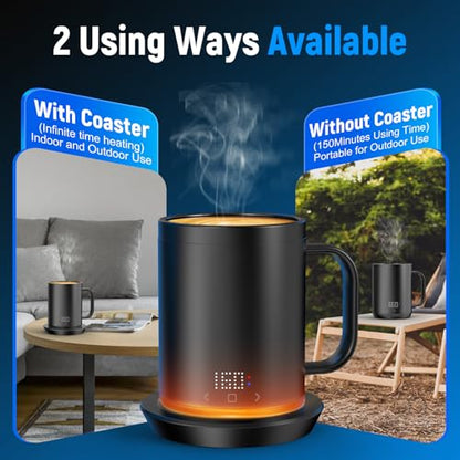 Rechargeable Self-Heating Coffee Mug with App Control, 150 Min Battery, LCD Screen, 14 Oz