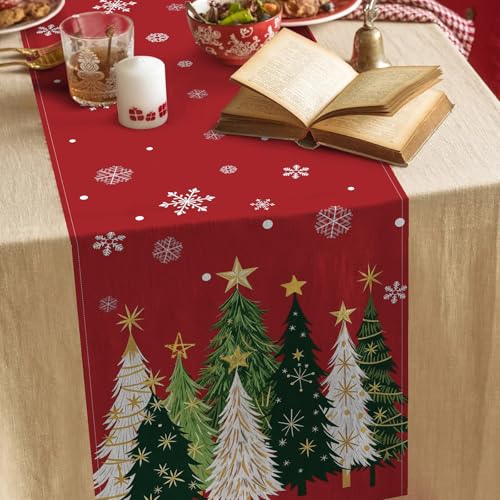 Christmas Trees Table Runner - Red Holiday Table Decor with Green & White Pattern - Variation of Christmas Trees