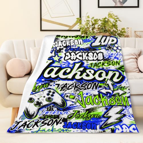 Custom Light Blue Gaming Blanket with Name for Boys - Kids Gift