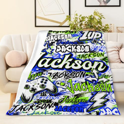Custom Light Blue Gaming Blanket with Name for Boys - Kids Gift