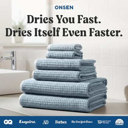 ONSEN Terry Cotton Waffle Bath Towel Set with Hand & Face Towels - Chambray Variation