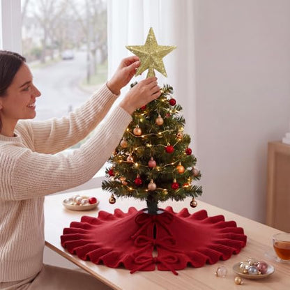 Red Knitted Mini Christmas Tree Skirt 18" with Gold Star Tree Topper - Holiday Decor