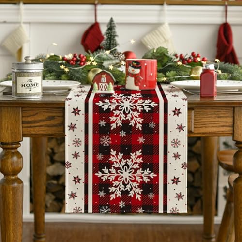 Snowflakes Christmas Table Runner 13 x 90 Inches with Buffalo Plaid Holiday Decor