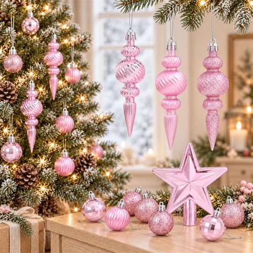 Pink Mini Christmas Ornaments Set with Star Tree Topper - 32PCS, Shatterproof