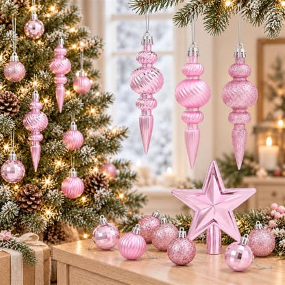 Pink Mini Christmas Ornaments Set with Star Tree Topper - 32PCS, Shatterproof