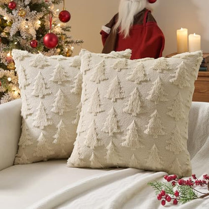 ANRODUO Christmas Tree Decorative Pillow Covers 20x20 Plush Beige Pack of 2 - Festive Holiday Decor