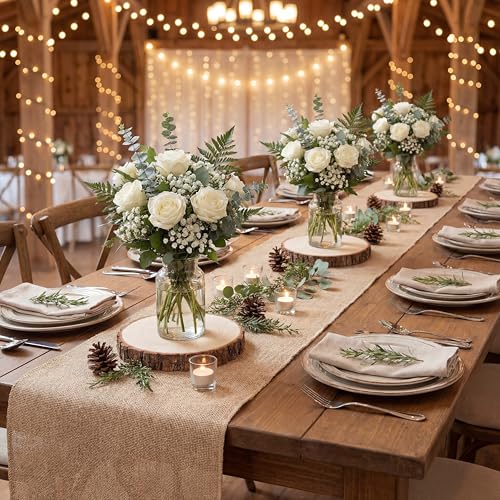 Tioncy Burlap Table Runner & Wood Slices Set - 50ft, 6 Pcs Natural Farmhouse Decor