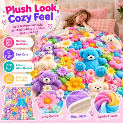 Teddy Pastel Floral Print Blanket - 40x60in Plush Throw with 3D Design