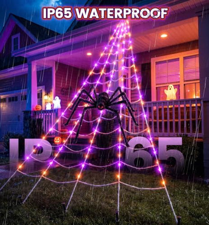Halloween Spider Web Decorations Outdoor with 59-Inch Giant Spider - Purple & Orange Variation