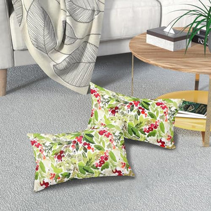 J-Green Christmas Watercolor Holly Lumbar Pillow Covers Set of 2 12x20 Inches Seasonal Decor