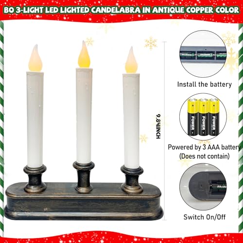 GOOTHY 3-Pack Battery-Operated LED Window Candles with Sensor - Bronze Finish, 9 Inch Flameless Taper Lights for Christmas Home Decor