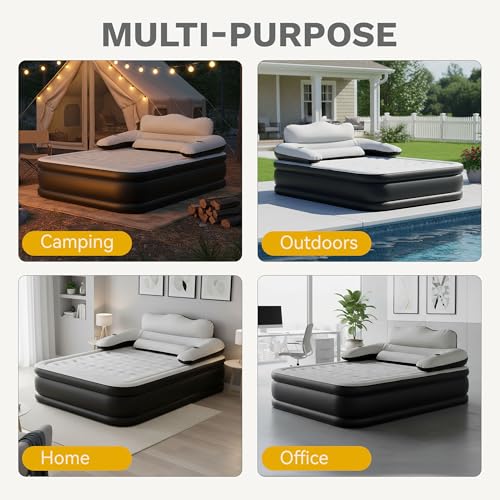 Queen Size Air Mattress with Headboard & Cup Holders, Portable Inflatable Bed