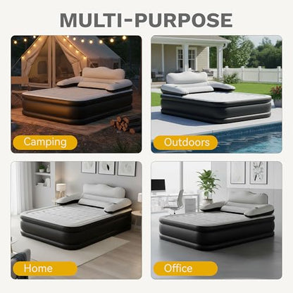 Queen Size Air Mattress with Headboard & Cup Holders, Portable Inflatable Bed