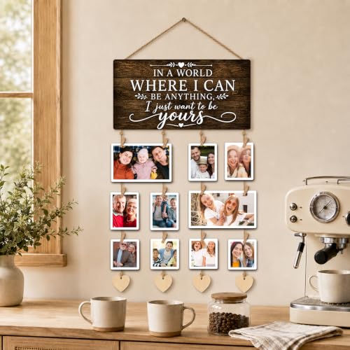 AWSICE Family Photo Frame Display with Clips & Sign Board - Dark Walnut