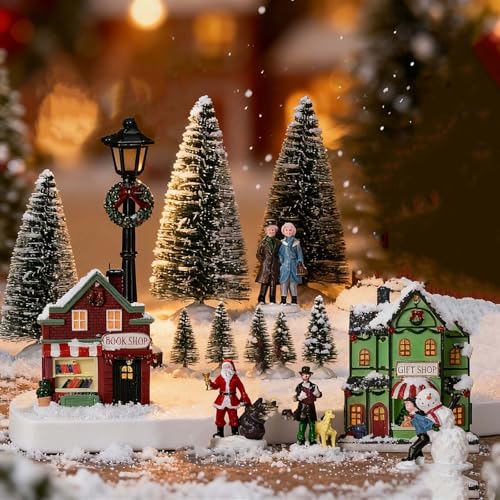 Christmas Village Set with LED Lighted Houses & Figurines - 17 Pieces for Holiday Decor
