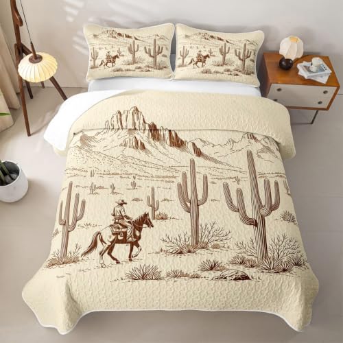 Full Size Manfei Western Cowboy Quilt Set with Pillow Shams - White Brown Vintage Bedspread