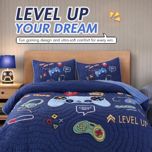 Kids Full/Queen Navy Blue Game Controller Quilt Set - 3 Piece Bedding