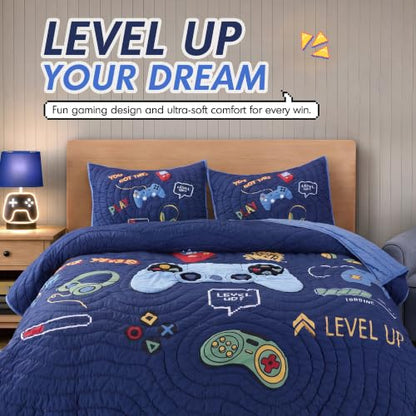 Kids Full/Queen Navy Blue Game Controller Quilt Set - 3 Piece Bedding