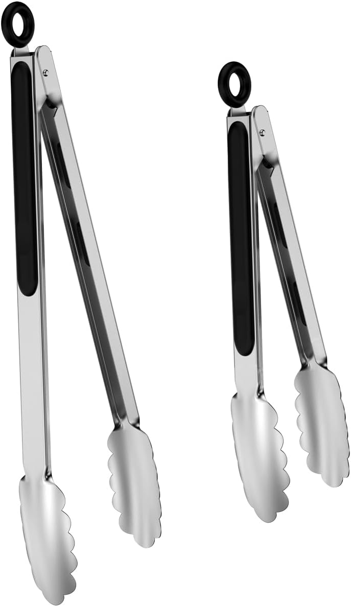 Skiennix Stainless Steel Kitchen Tongs - Locking Metal Design with Non-Slip Grip | Perfect for Grilling & BBQ (9" & 12")