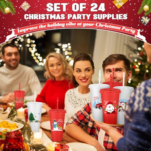 Umigy 24 Pcs Christmas Plastic Cups with Lids & Straws - Stylish Style
