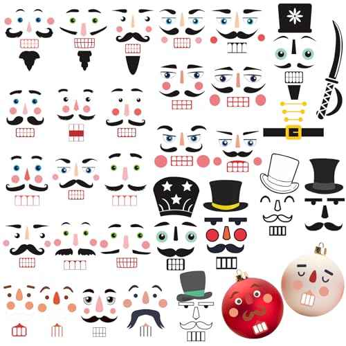 40 Pcs Nutcracker Face Decals Christmas DIY Crafts Vinyl Stickers Decoration Nutcracker Face Decals Ornaments for Xmas Glass Water Bottles Cup Gifts Window Decoration