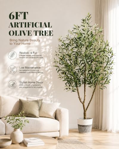 6FT Artificial Olive Tree with Woven Basket - Realistic Indoor Decor