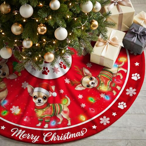 Chihuahua Christmas Tree Skirt 48 Inch Holiday Decor for Indoor Outdoor Use