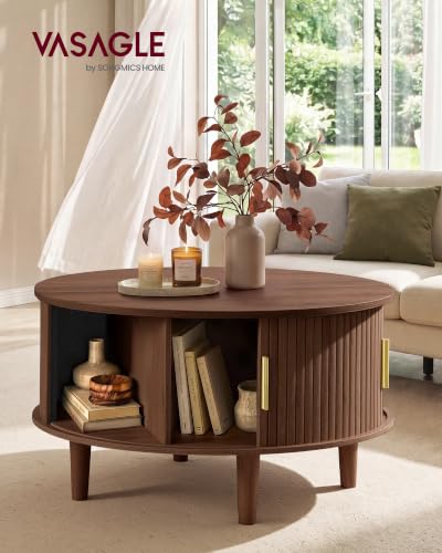 Round Coffee Table with Lift Top and Tambour Sliding Door - Chestnut Brown, 31.5 inch Diameter