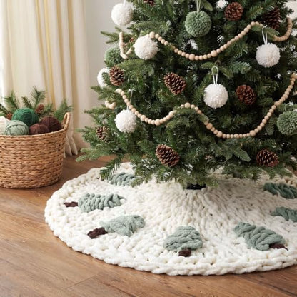 48-Inch Chunky Knit Christmas Tree Skirt Beige with Tree Pattern - Holiday Decor