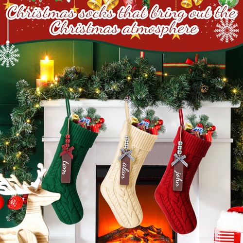 Christmas Stockings Set 12 with Wooden Name Tags Cable Knitted Design - Red, Green & White