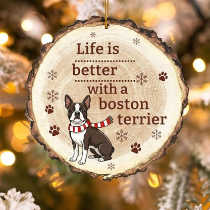 Dog Christmas Ornament - Wooden Boston Terrier Holiday Decor for Tree