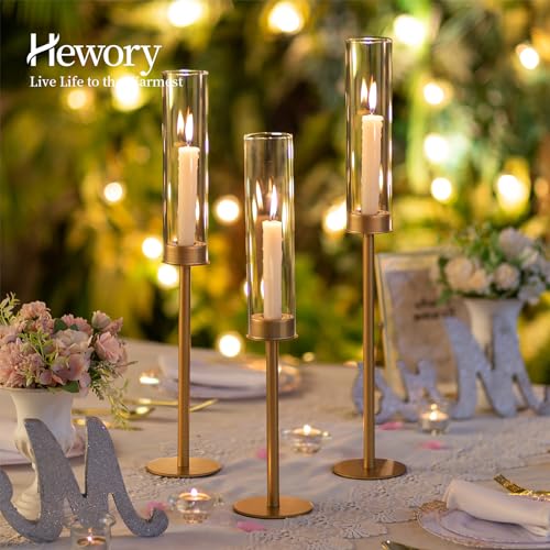 Hewory Gold Candlestick Holders 12PCS Glass Hurricane Tall Brass Base Matte Gold