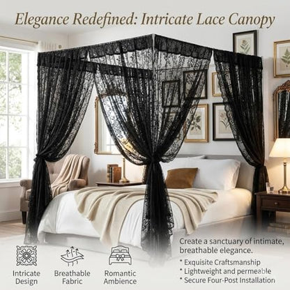 White Lace Canopy Bed Curtains Set for Queen Bed - Double Layer Cozy Drape with 4 Openings