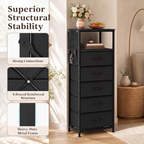 GIANTEX 39" Bedside Table with Integrated Charging Station - Black, 5-Drawer