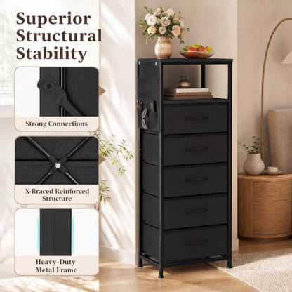 GIANTEX 39" Bedside Table with Integrated Charging Station - Black, 5-Drawer