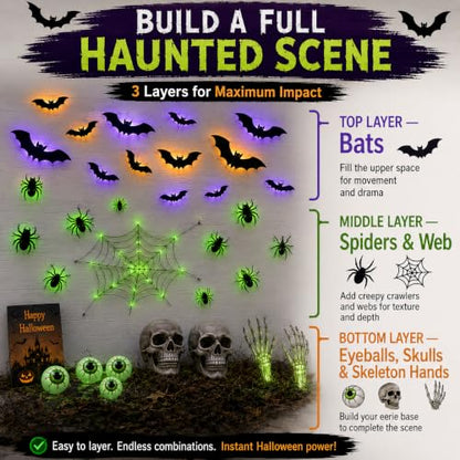 Halloween Light-Up Bat Wall Decor Set with Spiders & Web - 41 Pieces