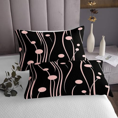 Kids Bedspread Set with Geometric Line and Dandelion Design - Black Pink, King Size