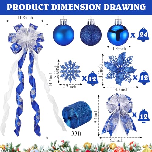 Christmas Tree Decorations Set - Blue & Glitter Holiday Ornaments with Bow Toppers