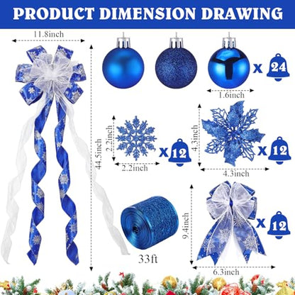 Christmas Tree Decorations Set - Blue & Glitter Holiday Ornaments with Bow Toppers