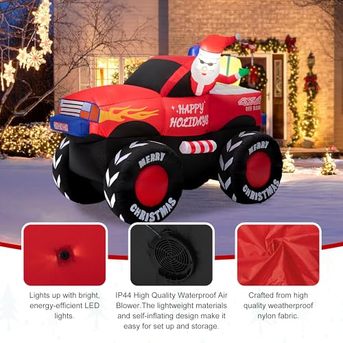 Inflatable Christmas Santa on Off-Road Pickup Truck Decor with Built-in LEDs - 7ft Holiday Yard Decoration